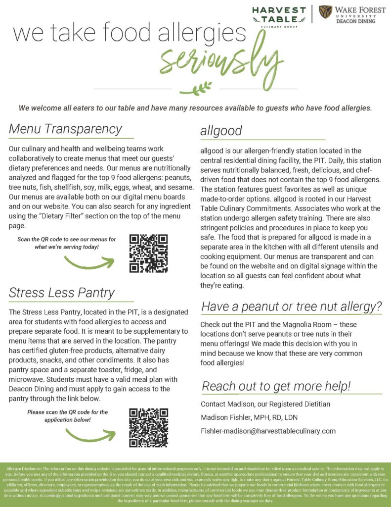 Image of the one-page form which includes information on allergies and special dietary needs. 