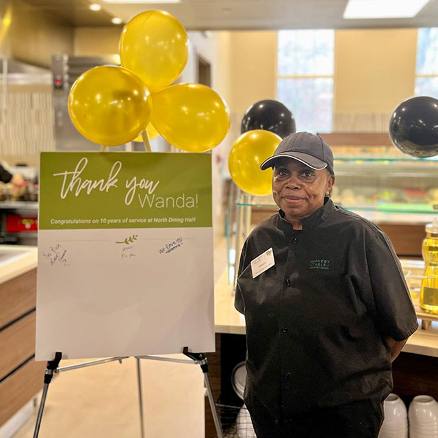 Photo of Wanda at North Dining Hall Celebrating 10 years of service.