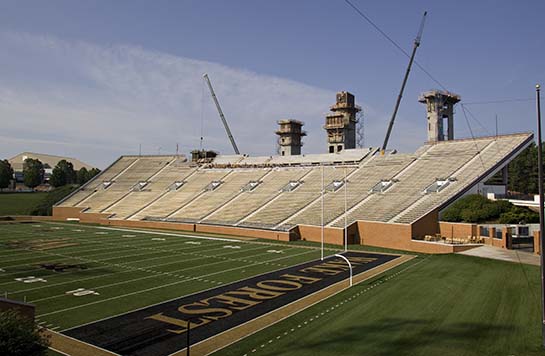 Construction work above the bleachers in Groves Stadium