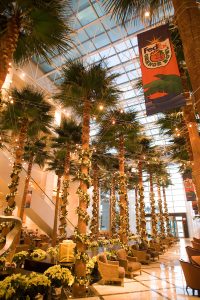 The main lobby of the Westin Diplomat has a large fountain and dozens of palm trees.