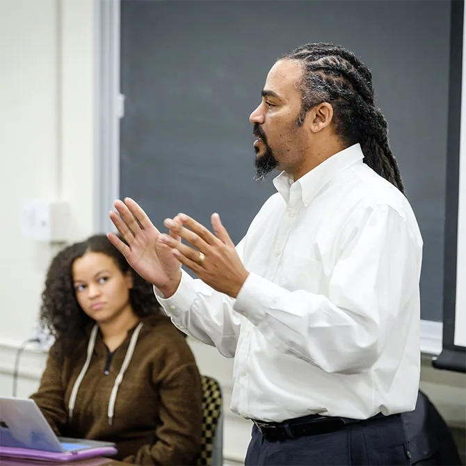 Wake Forest students in the First Year Experience class have a wide ranging discussion of the liberal arts, AP class credit, divisional requirements, and required language classes