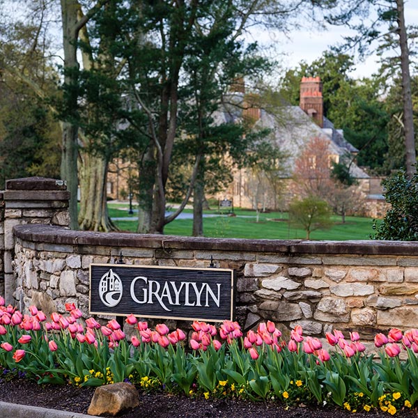 Tulips bloom at the entrance to Graylyn International Conference Center.