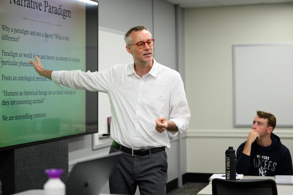 Wake Forest University Communication Prof. Ron Von Burg teaches about narrative paradigms in a Communication class.