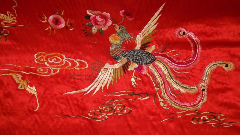 Red silk sheet with a phoenix