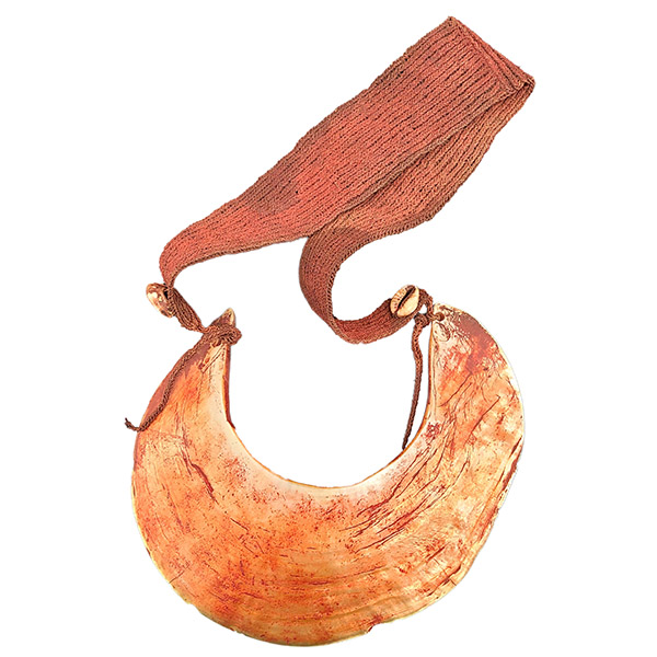 Necklace with large crescent-shaped shell and woven strap
