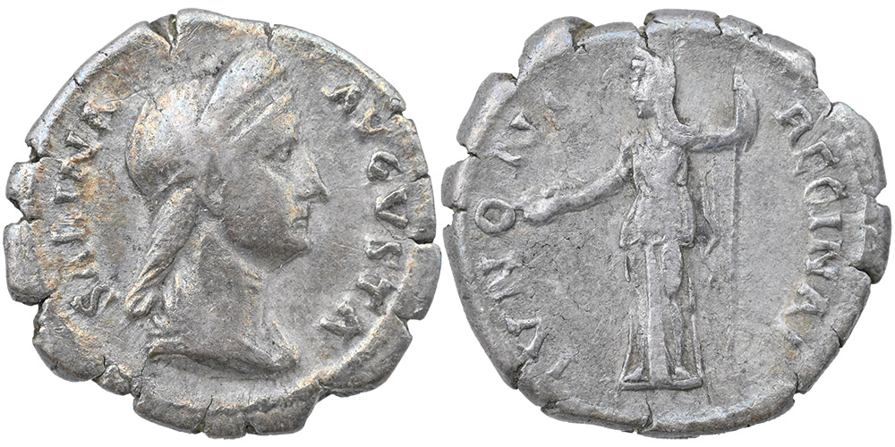 Silver coin front and back with profile portrait on front and full length portrait on the back