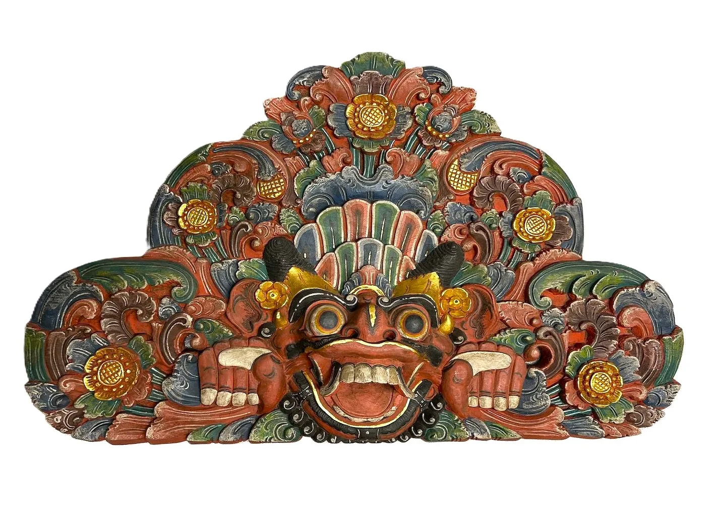 Carved wooden plaque of barong spirit