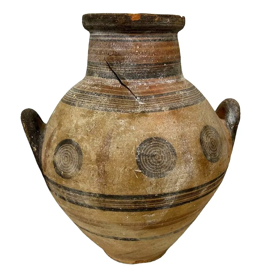 tan Ceramic jar with black decorations