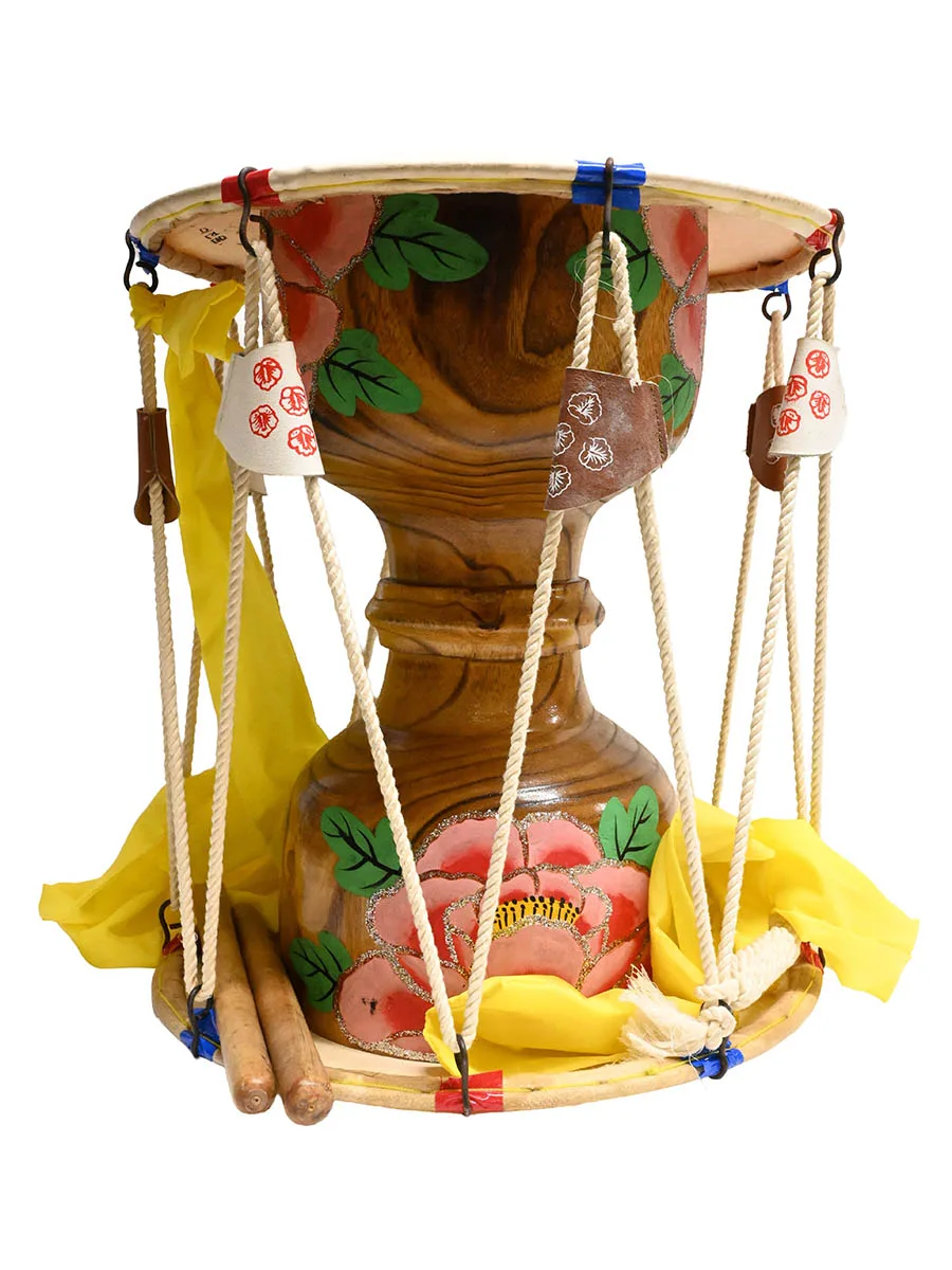 double-headed drum with wooden body painted with flowers.