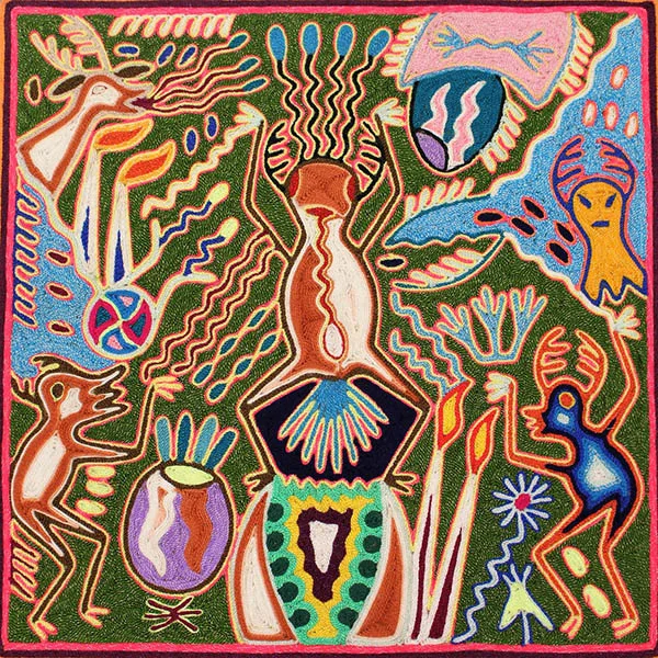 A brightly colored painting made from yarn featuring abstract deer and human figures.