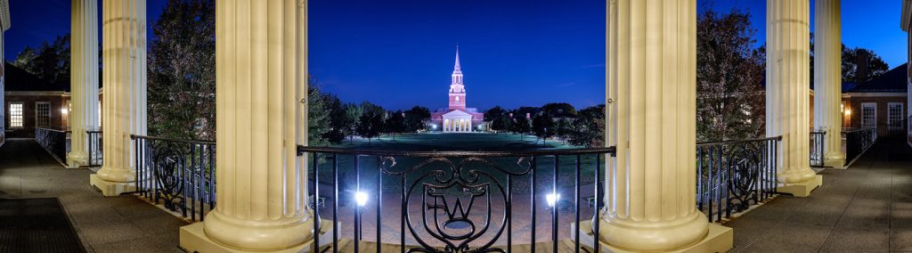 A panoramic photograph of Wait Chapel and Hearn Plaza on the campus of Wake Forest University