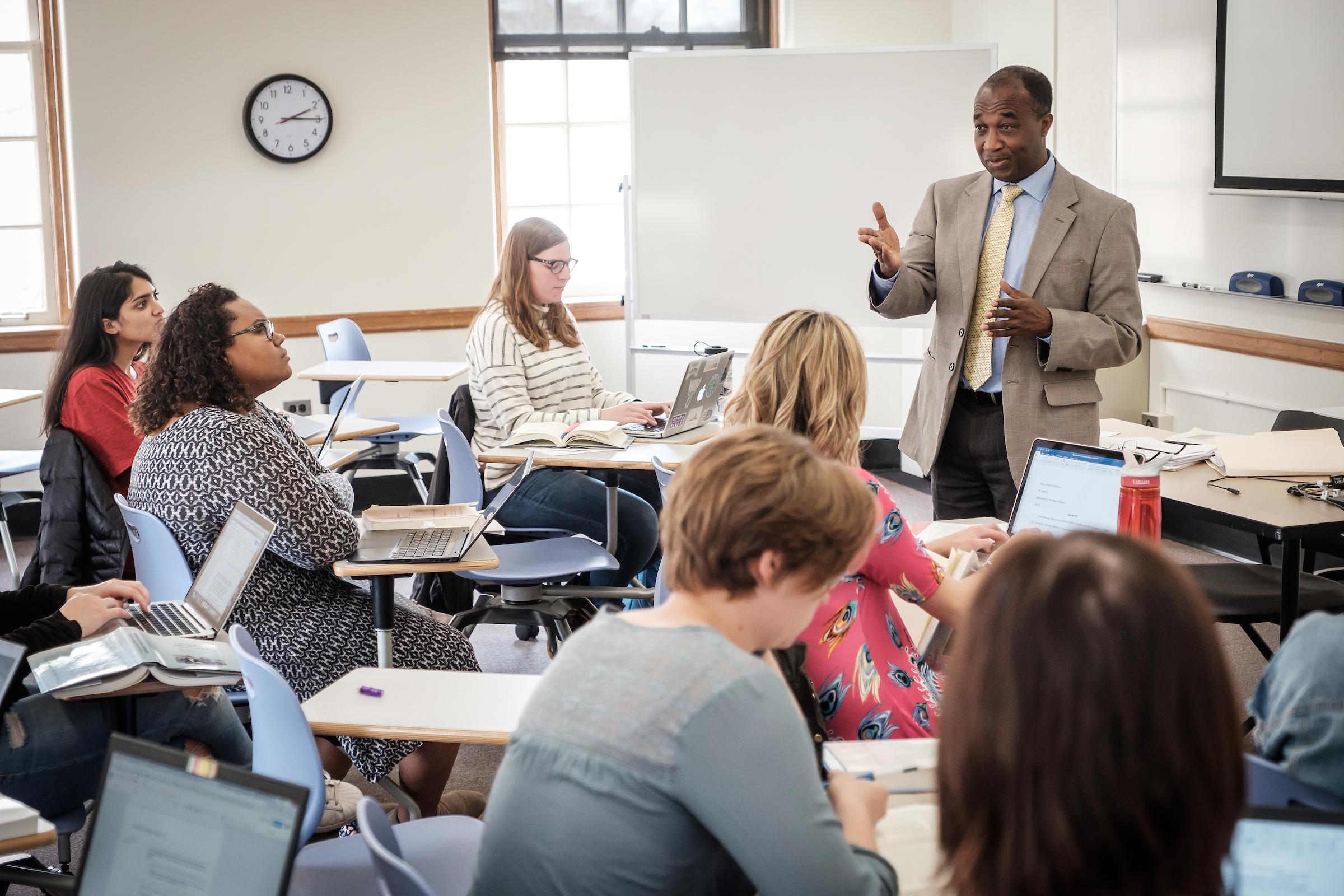 Wake Forest religion professor Simeon Ilesanmi teaches an upper level class in Wingate Hall on Wednesday, April 4, 2018.