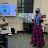 Author Reem Faruqi addresses Kimberly Wortmann’s Introduction to Islamic Traditions class