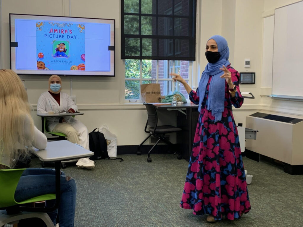 Author Reem Faruqi addresses Kimberly Wortmann’s Introduction to Islamic Traditions class