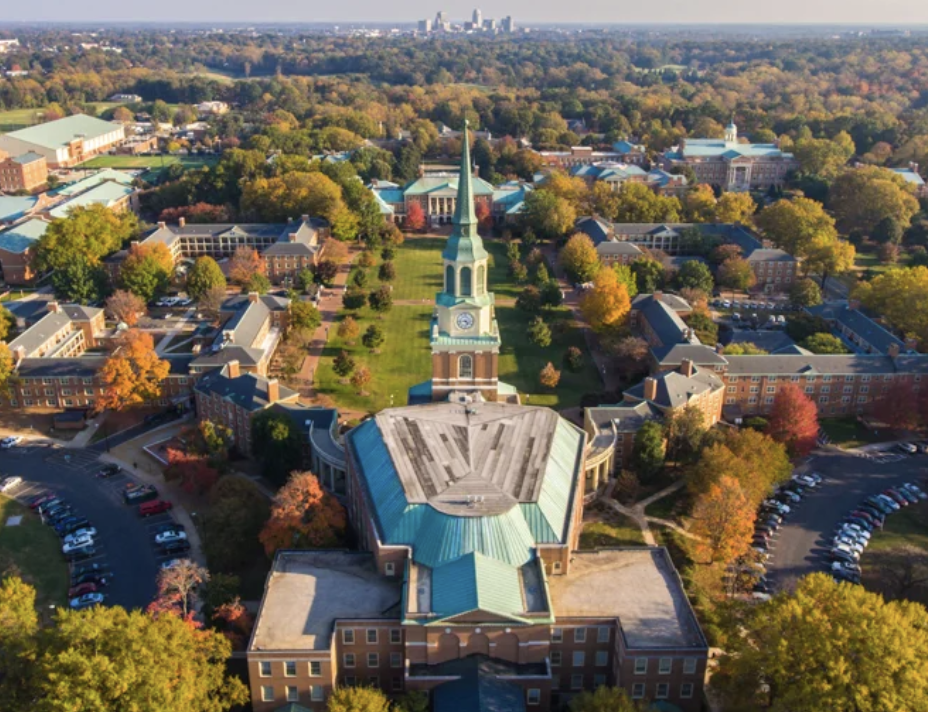 aerial photo of Wait Chapel and campus