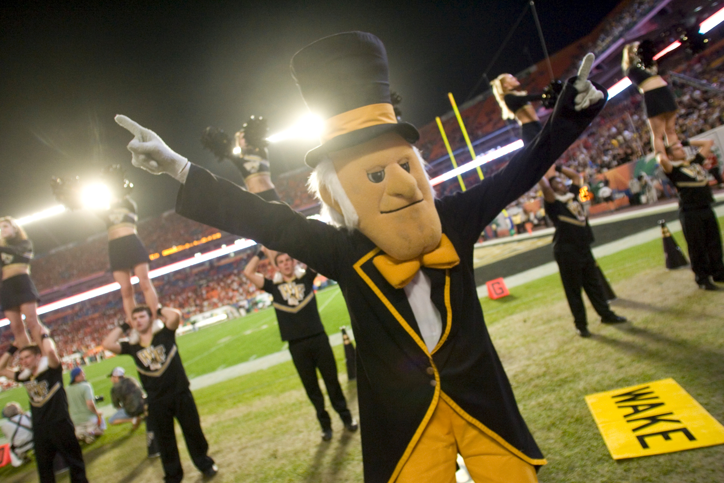 Andrew Borum, inside the Deacon suit, cranks up the 2007 Orange Bowl crowd.