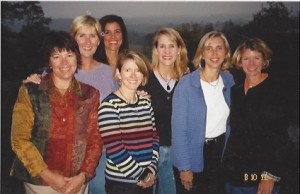 The round-robin ladies gather at Virginia in 2003: (left to right) Katie Carter Zimmer, Susan Williams Brodeur, Becky Forrester Lundberg, Kathy Bourne Borton,  Louise Blake York, Dianne Mayberry and Kendra Beard Graham. Not pictured: Val Van Slyke Schlosser and Tish Laymon Alessandro.