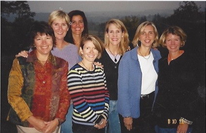The round-robin ladies gather at Virginia in 2003: (left to right) Katie Carter Zimmer, Susan Williams Brodeur, Becky Forrester Lundberg, Kathy Bourne Borton, Louise Blake York, Dianne Mayberry and Kendra Beard Graham. Not pictured: Val Van Slyke Schlosser and Tish Laymon Alessandro.