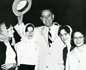 LBJ campaigning with campus coeds in 1960.