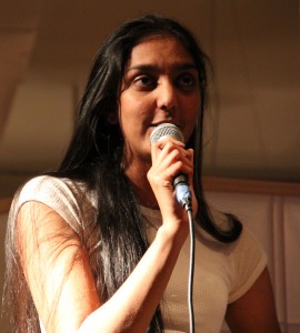 Kasha Patel (’12) on her 23rd birthday when she hosted her first science comedy show, “This Scientist Walks Into a Bar.”
