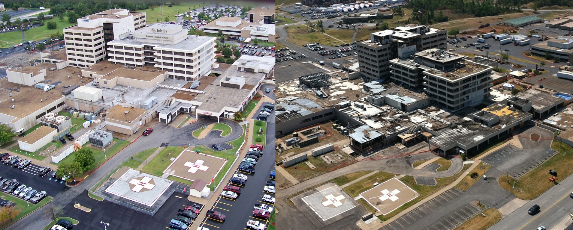 St. John's Regional Medical Center today (left) and right after the May 22, 2011 tornado.