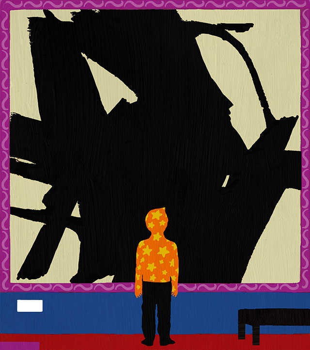 An illustration of a boy standing in front of a Franz Kline painting