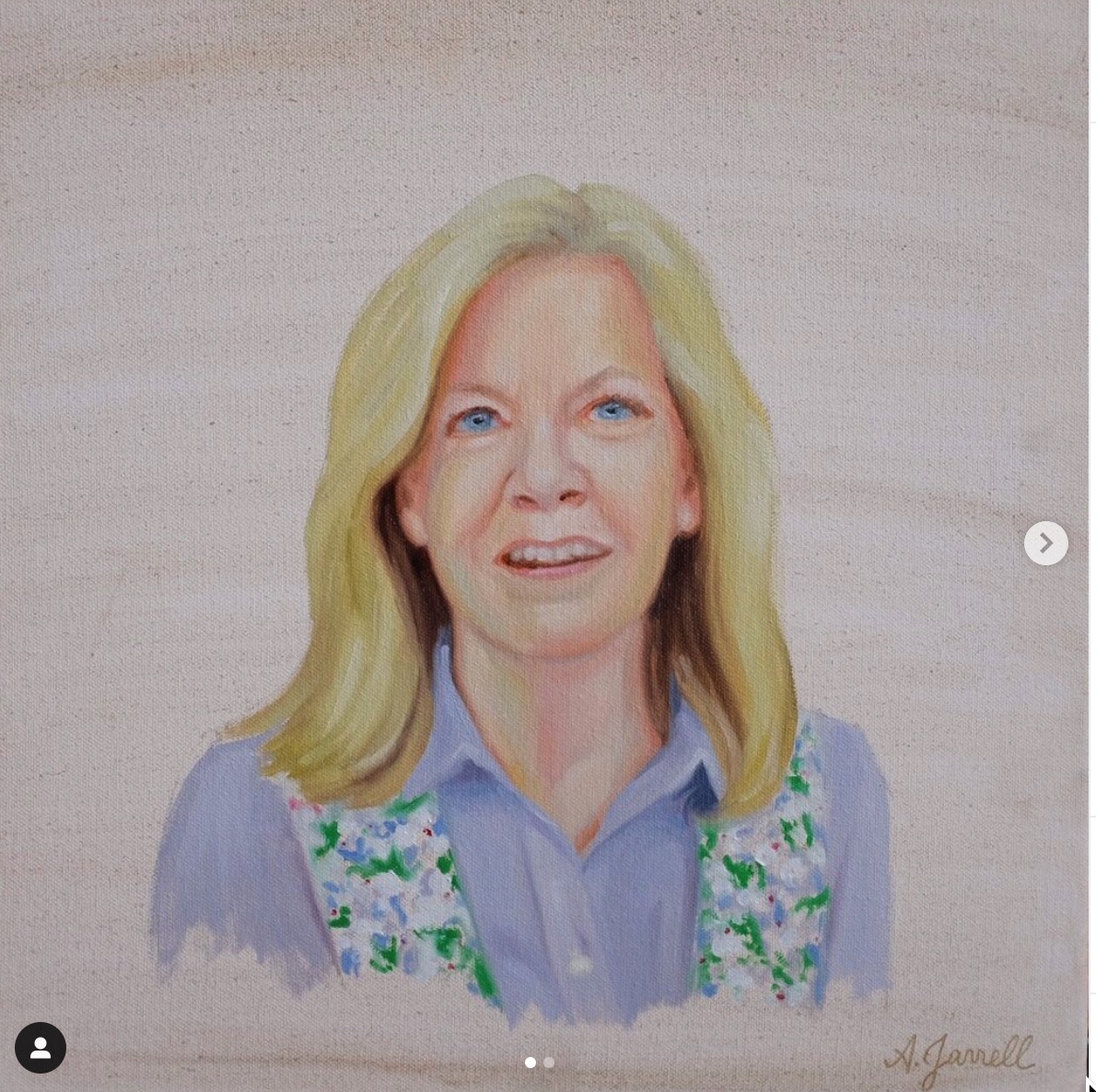 Oil portrait of Melanie Barbee (MBA ’87, P ’19), the owner of Rolly’s Baby Boutique in Winston-Salem, painted by Anna Jarrell ('05)