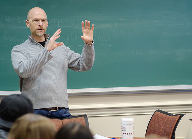 Wake Forest philosophy professor Adrian Bardon teaches his first year seminar, "Philosophy Goes to the Movies!", an exploration of the tough philosophical problems often found in film, in Tribble Hall