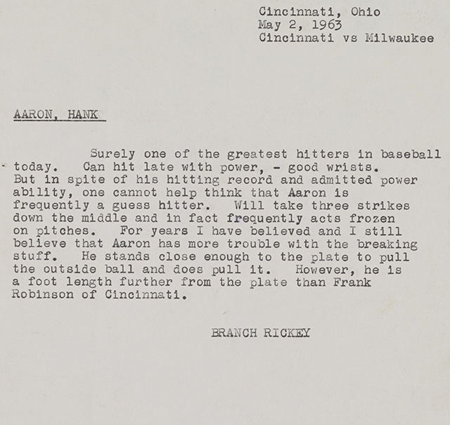 Branch Rickey's scouting report on Hank Aaron