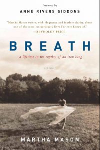 Cover of Martha Mason book "Breath: A LIfetime in the Rhythm of an Iron Lung" with a photo of a girl running in a field with a white chiffon flowing behind her.