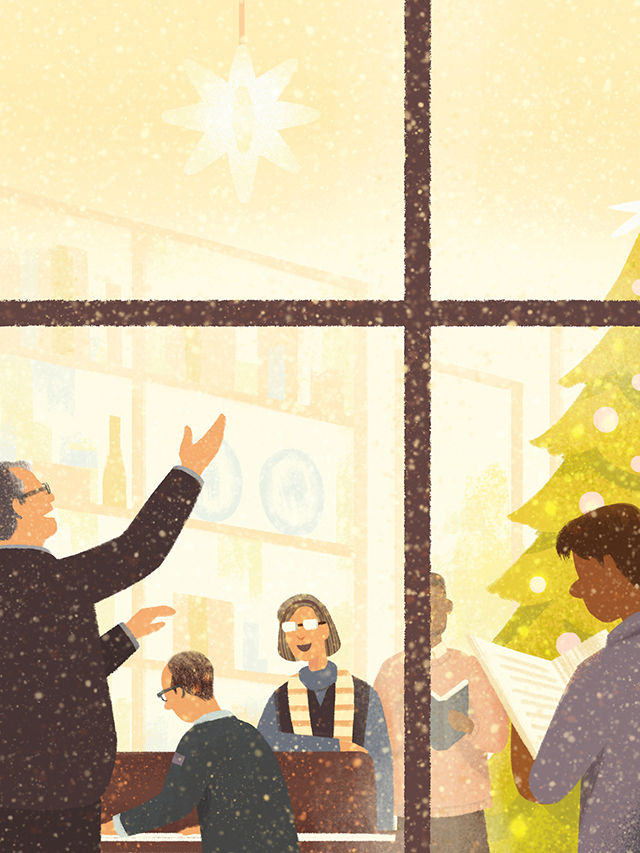 Ileana Soon illustration of Dr. Hatch leading a group singing Christmas carols around the piano.
