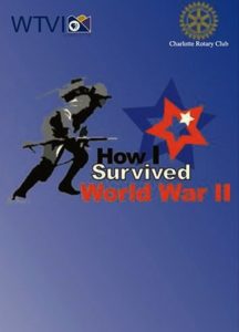 A red, white and blue poster from Chris Hudson's documentary "How I Survived World War II' with an icon of a soldier.