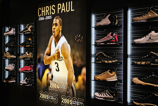 Chris Paul display and shoe collection inside the new Sutton Sports Performance Center / Shah Basketball Complex.
