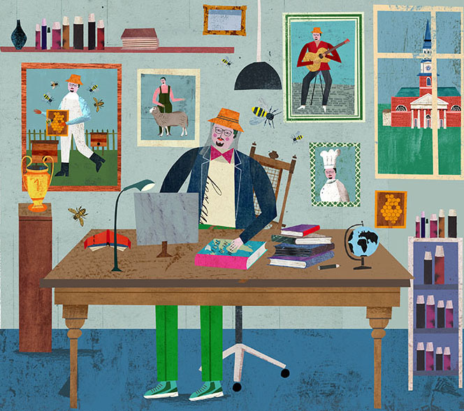 Martin Haake illustration depicting the colorful, eclectic characters making up Wake Forest's faculty 