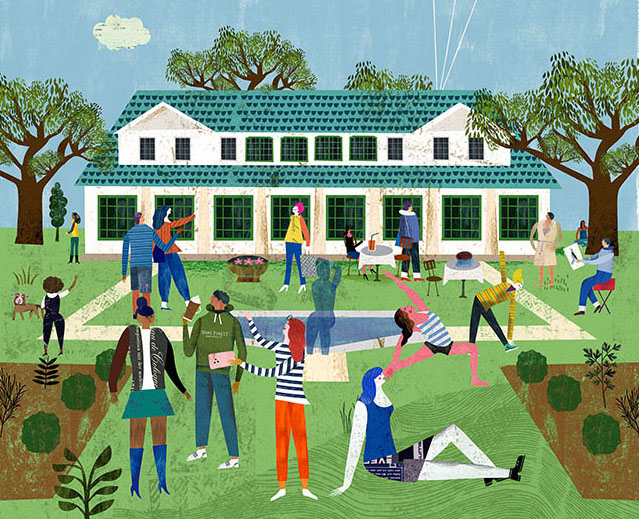 A whimsical illustration of the Reynolda Estate by Martin Haake
