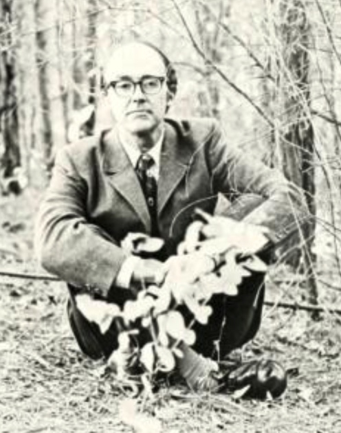 David Hills, in a 1972 Howler photo., sits in wooden area holding flowers.