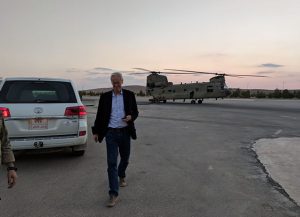 Bill Roebuck arrives back at the closed Lafarge cement factory in northeastern Syria, used as the U.S. Special Forces base where he lived from 2018 to 2020. He had flown to Deir a-Zour province for the day. (Photo courtesy of Bill Roebuck)