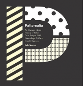 The book cover of Patternalia by Jude Stewart ('96) with a big P with polka dots, strips and a grid on a black background