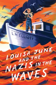 The cover of Louisa June and the Nazis in the Waves is orange and blue depicting a girl on a boat looking out at sea