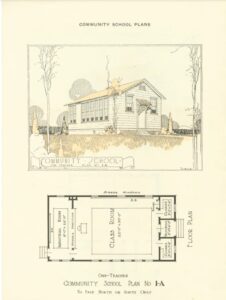 Architectural drawings that show a sketch of a Rosenwald School and floor plan