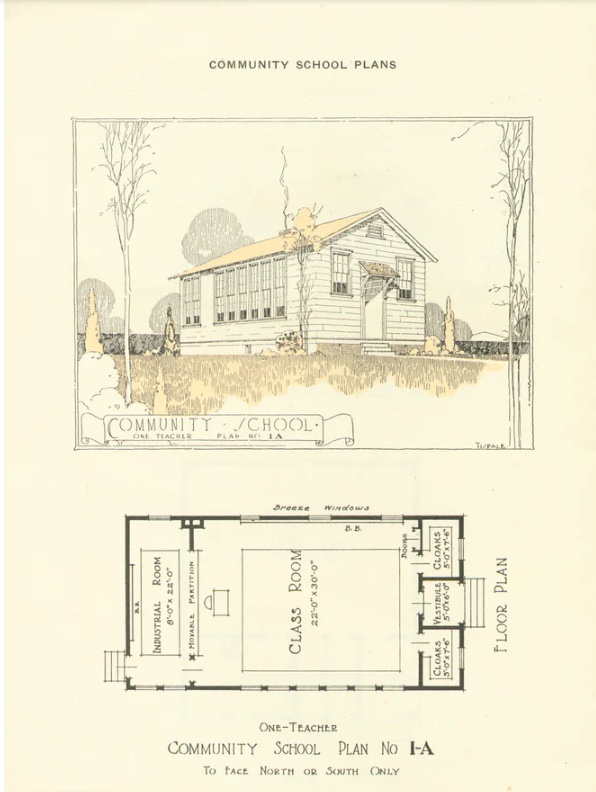 Architectural drawings that show a sketch of a Rosenwald School and floor plan