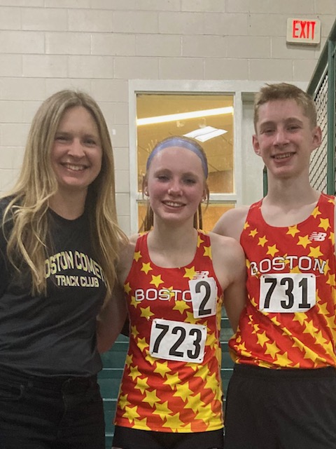 Jill Snyder Kerr in black T-shirt with her daughter Madeline and son James in racing red and yellow shirts with race tags