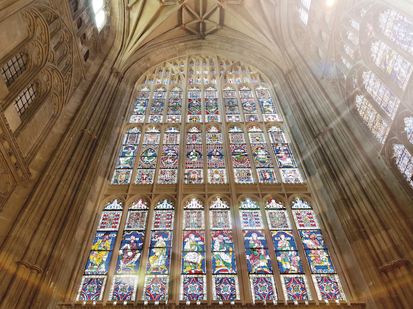 Stained glass window with Sleeping Beauty's parents. King and