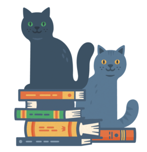 Illustration by Little Friends of Printmaking of cats on books for the Casa Artom Venice piece