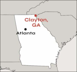 A map showing Clayton, Georgia, practically at the northeast edge of the state.
