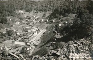 An aerial black and white view of Slab Fork, West Virginia