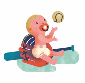 Gwen Keraval illustration of a baby sitting in a baseball glove playing with a baseball
