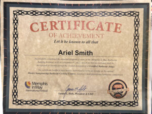 Ariel Smith's certificate of achievement as a certified barbecue judge