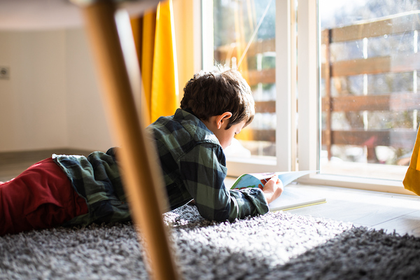 A boy turning the pages of a book while reading on the floor in the sunshine