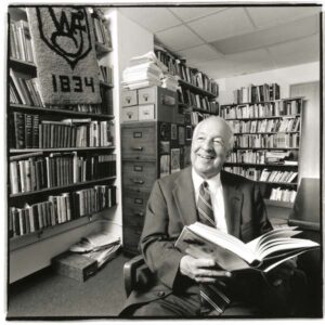 Wake Forest Provost Emeritus Edwin Graves Wilson ('43) relaxes in his office in Tribble Hall in June, 1994.